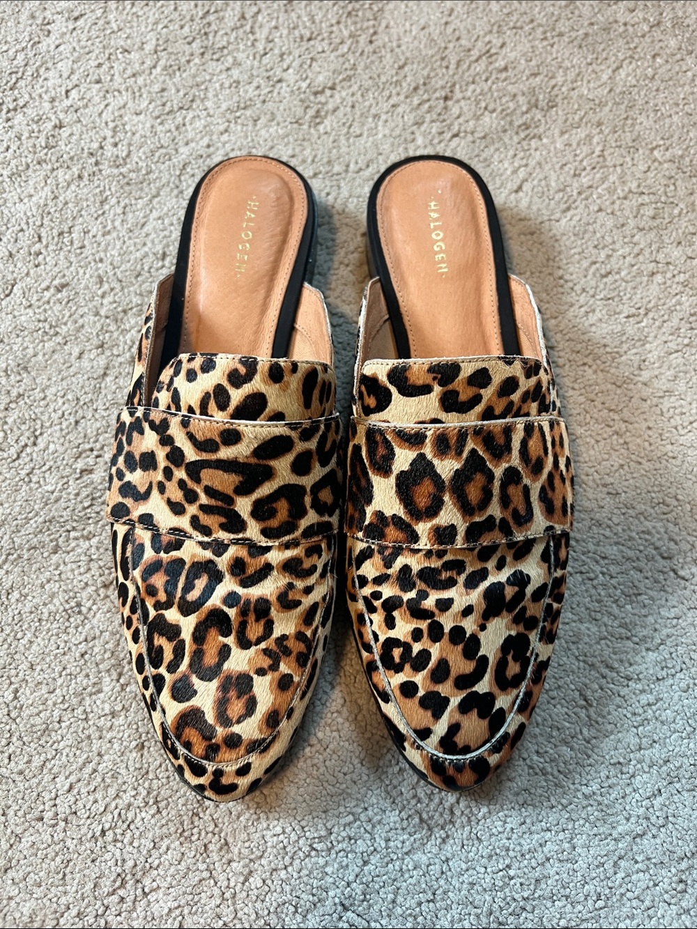 Halogen Leopard Calf Hair Mules Slides size 9 animal print